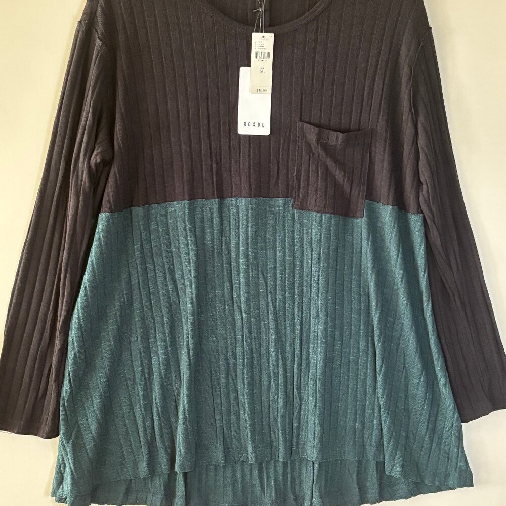 Anthropologie RO & DE Ribbed Top XL Black & Green Long Sleeve NWT MSRP $78.00